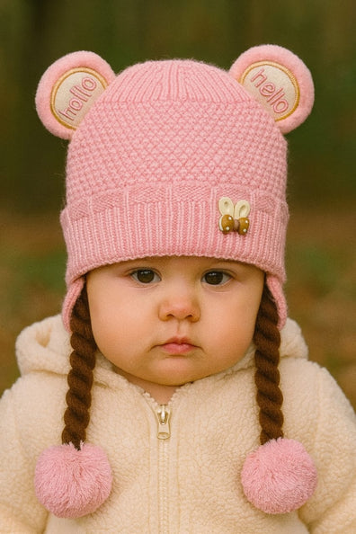 Light Pink Girls Cute Warm Knit Embroidered Winter Cap With Braids (6 Months -3 Years) CP5100C